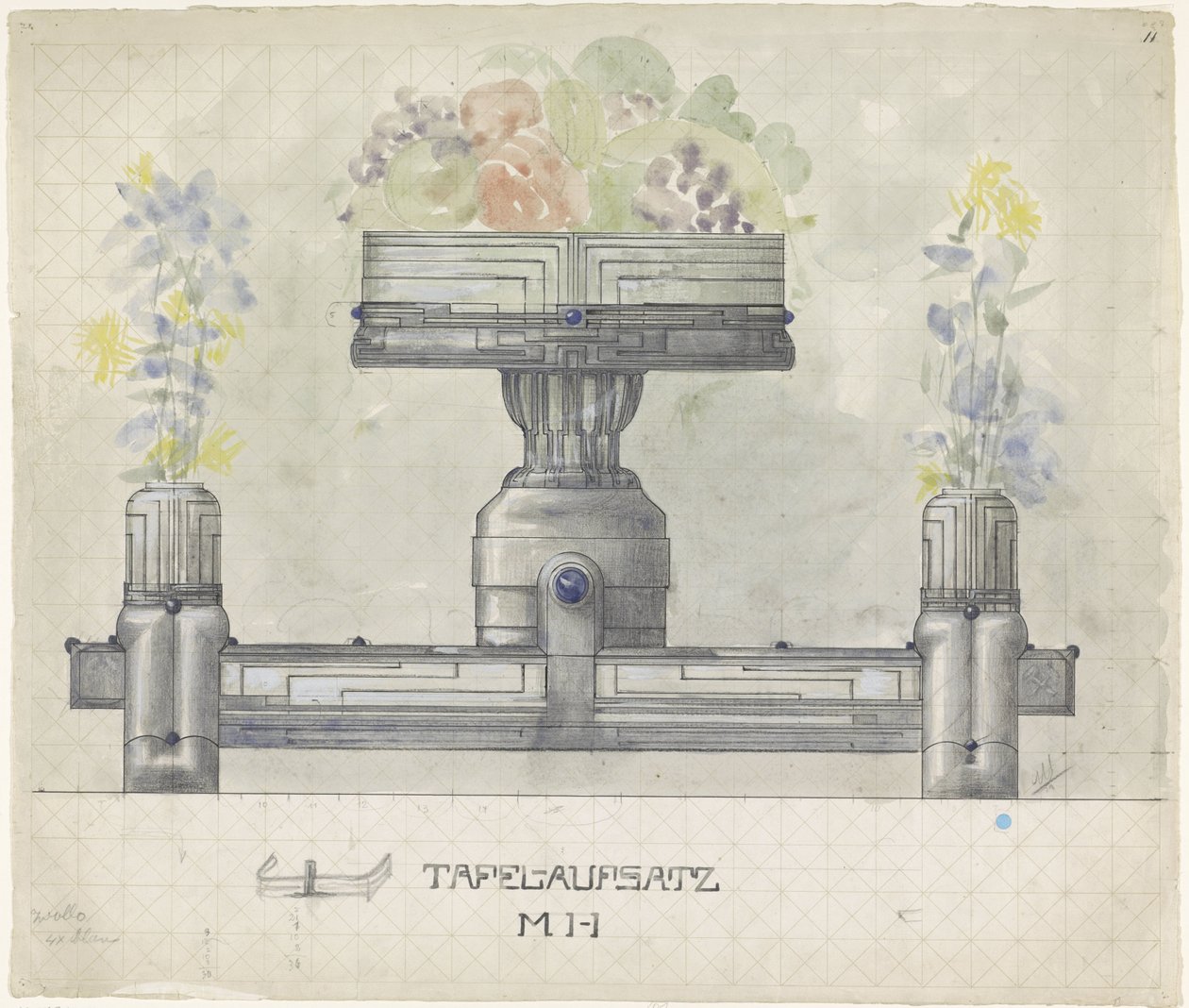 Diseño para un centro de mesa plateado decorado con flores y frutas de Mathieu Lauweriks