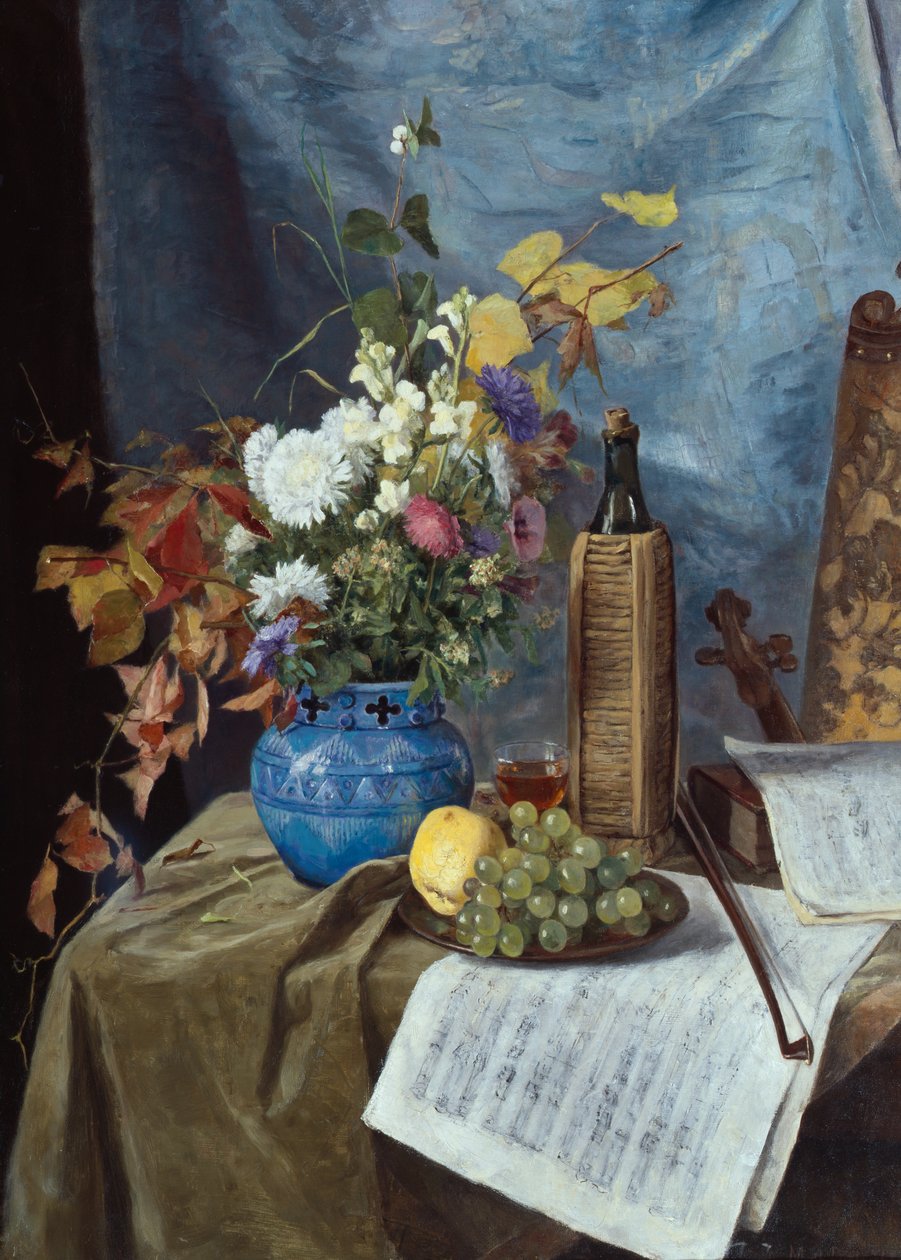 Arreglo con botella de vino, flores y frutas de Mathilde Dietrichson
