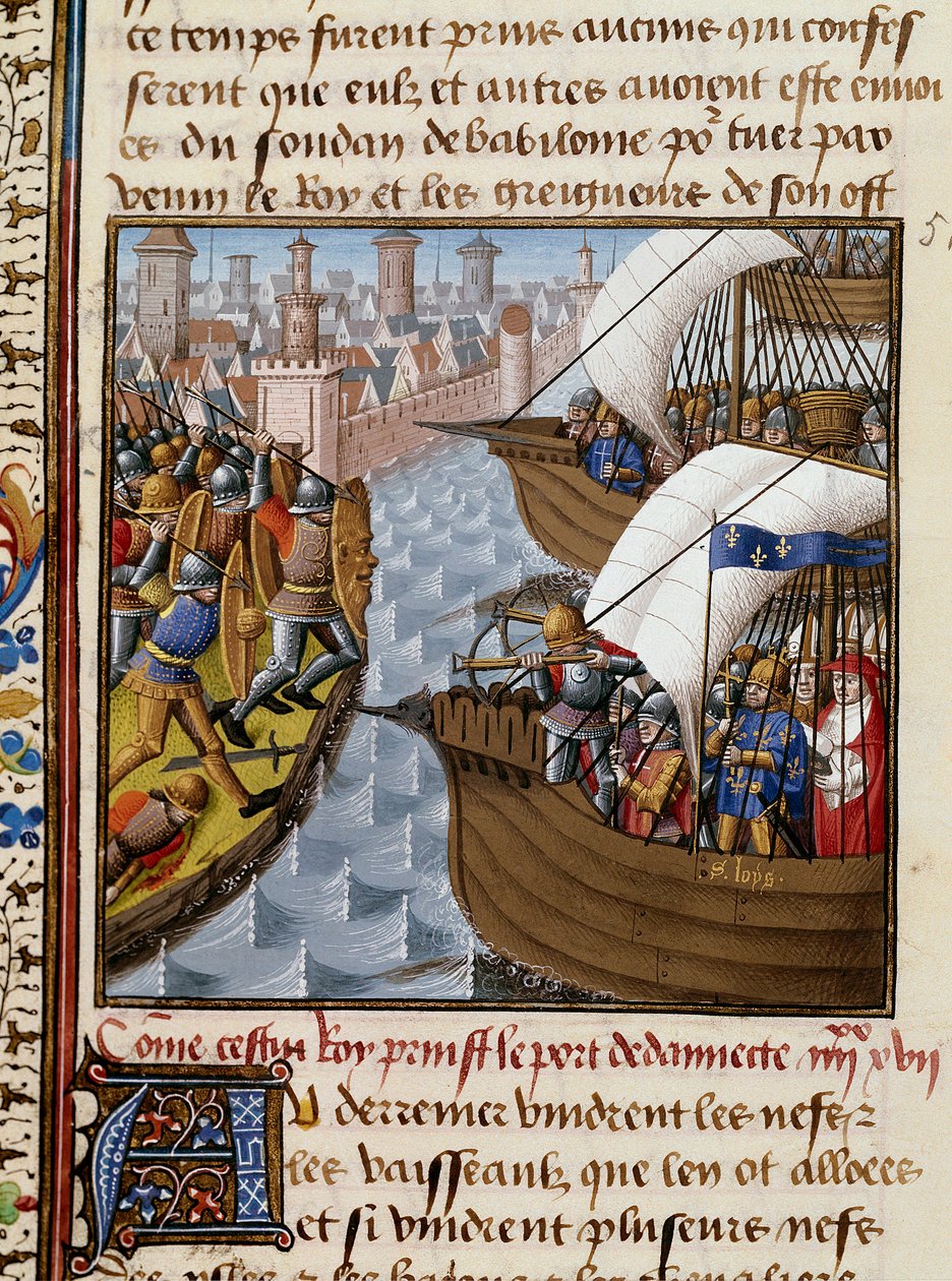 Séptima Cruzada: Rey San Luis (1214-1270) y los cruzados sitiando Damieta en junio de 1249 en el Bajo Egipto de Maître François