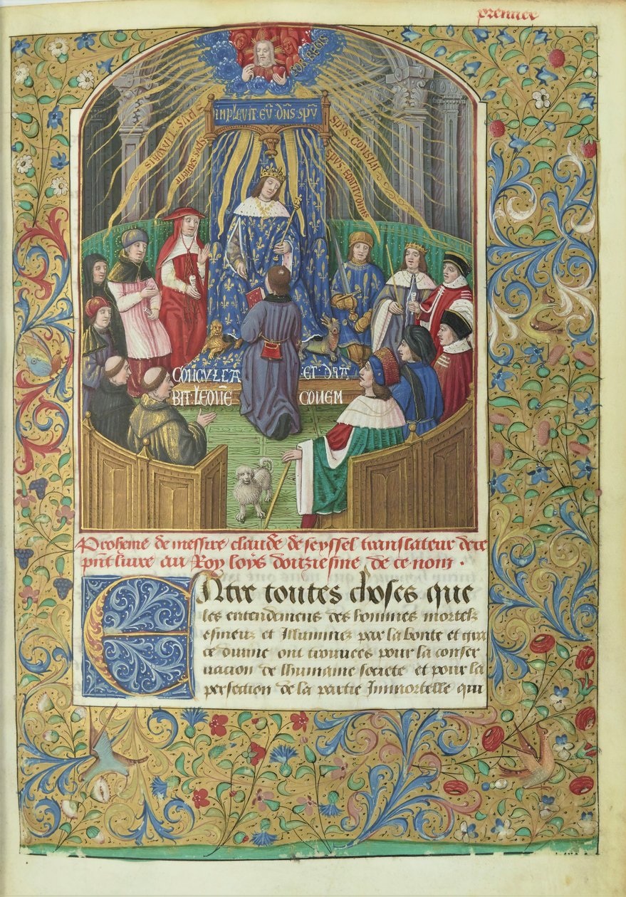 Anábasis de Jenofonte traducida por Claude de Seyssel: escena de dedicatoria, el manuscrito es un regalo del traductor a Luis XII. de Maitre de Philippe de Gueldre