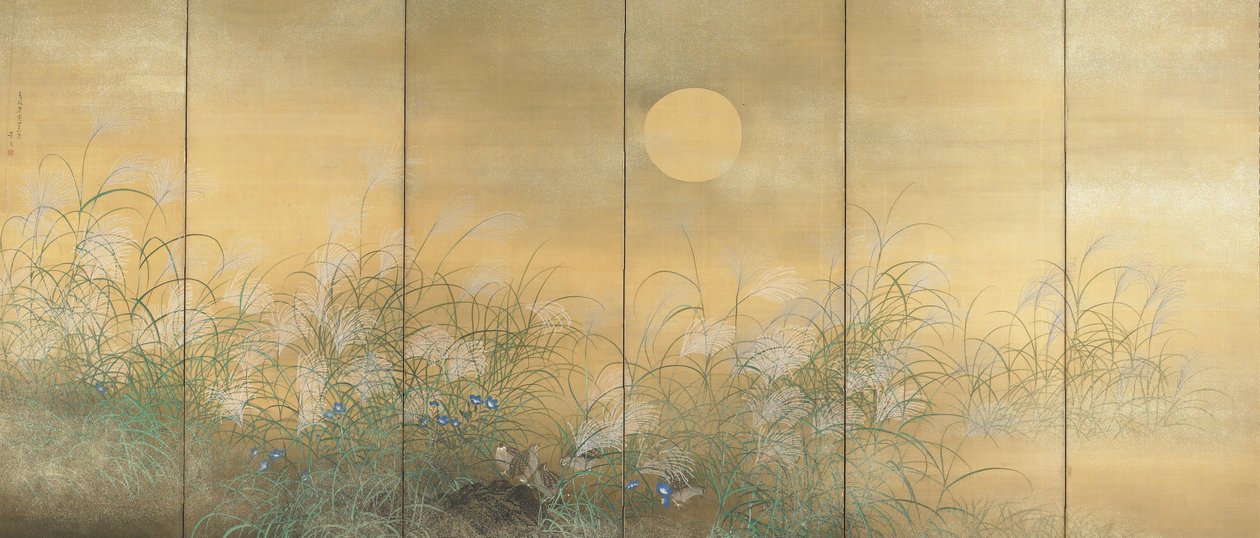 Codorniz alimentándose entre Susuki y Kikyo de Matsumura Keibun