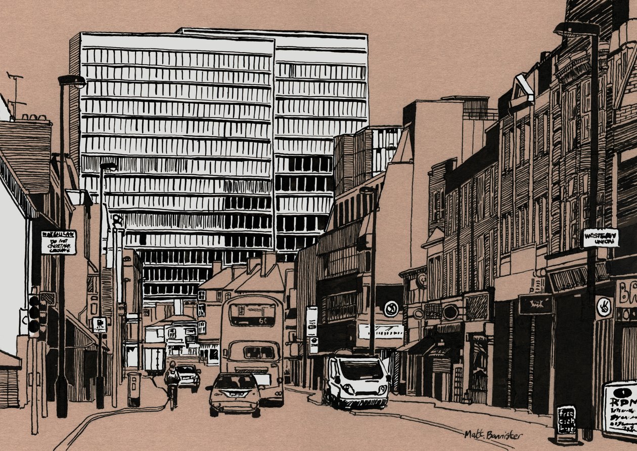 South End - Croydon, 2016 (tinta acrílica sobre tabla) de Matt Bannister