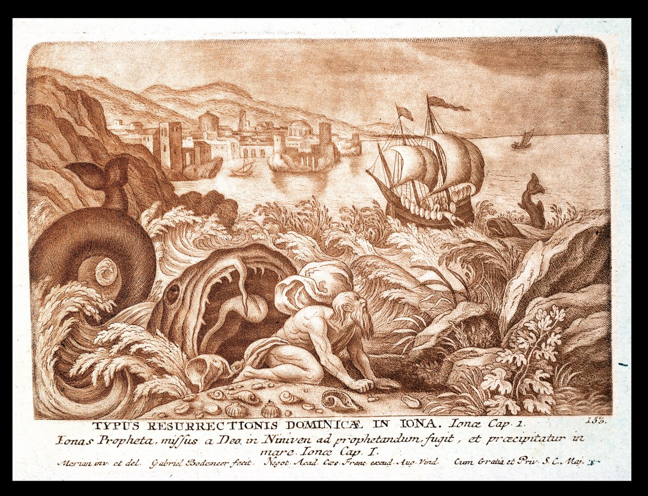 Jonás y la ballena, ilustración de una Biblia, grabado por Gabriel Bodeneer (1673-1766) de Mattaus the Younger Merian