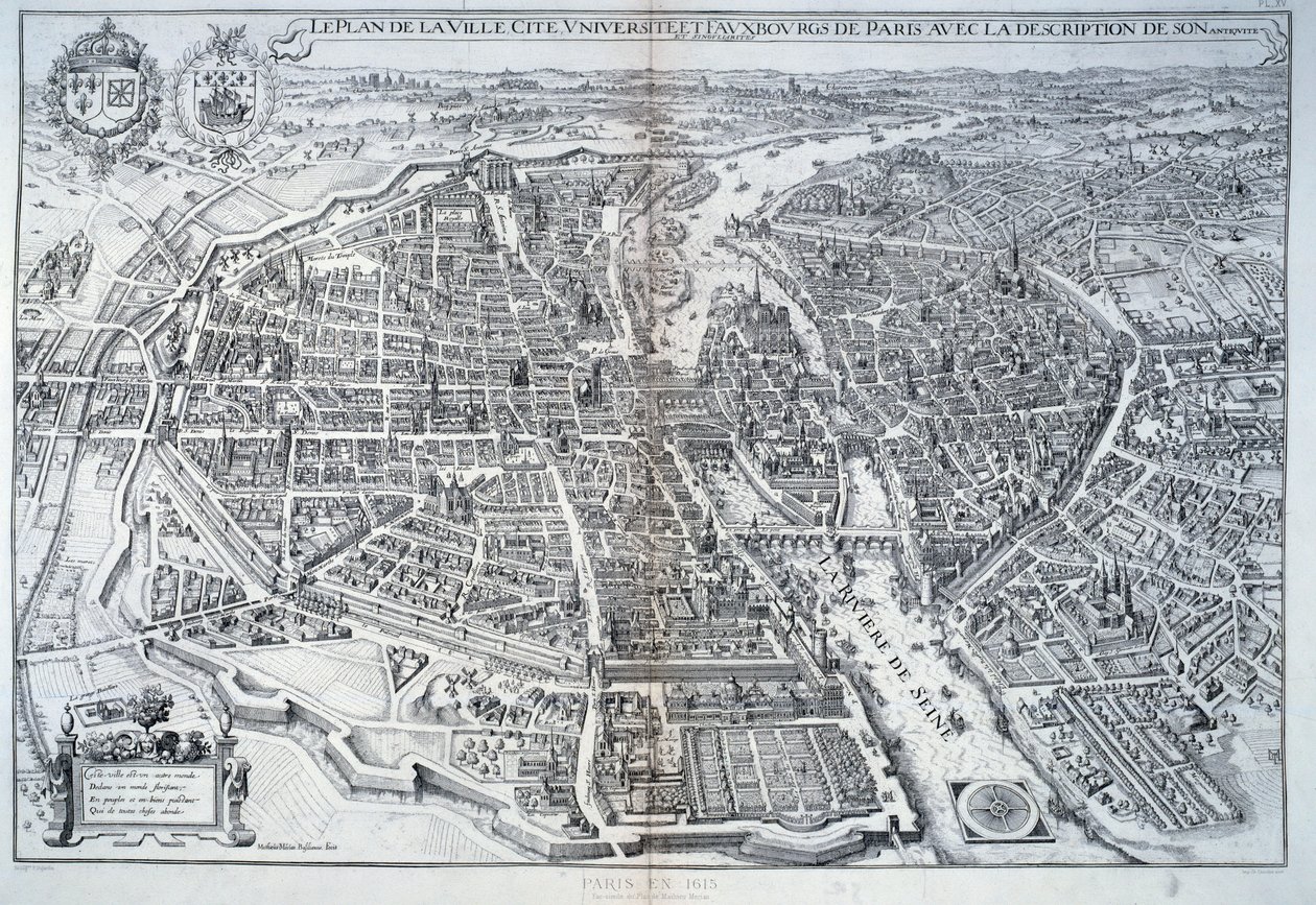Plano de París en 1615. Grabado por Mathieu Merian de Mattaus the Younger Merian