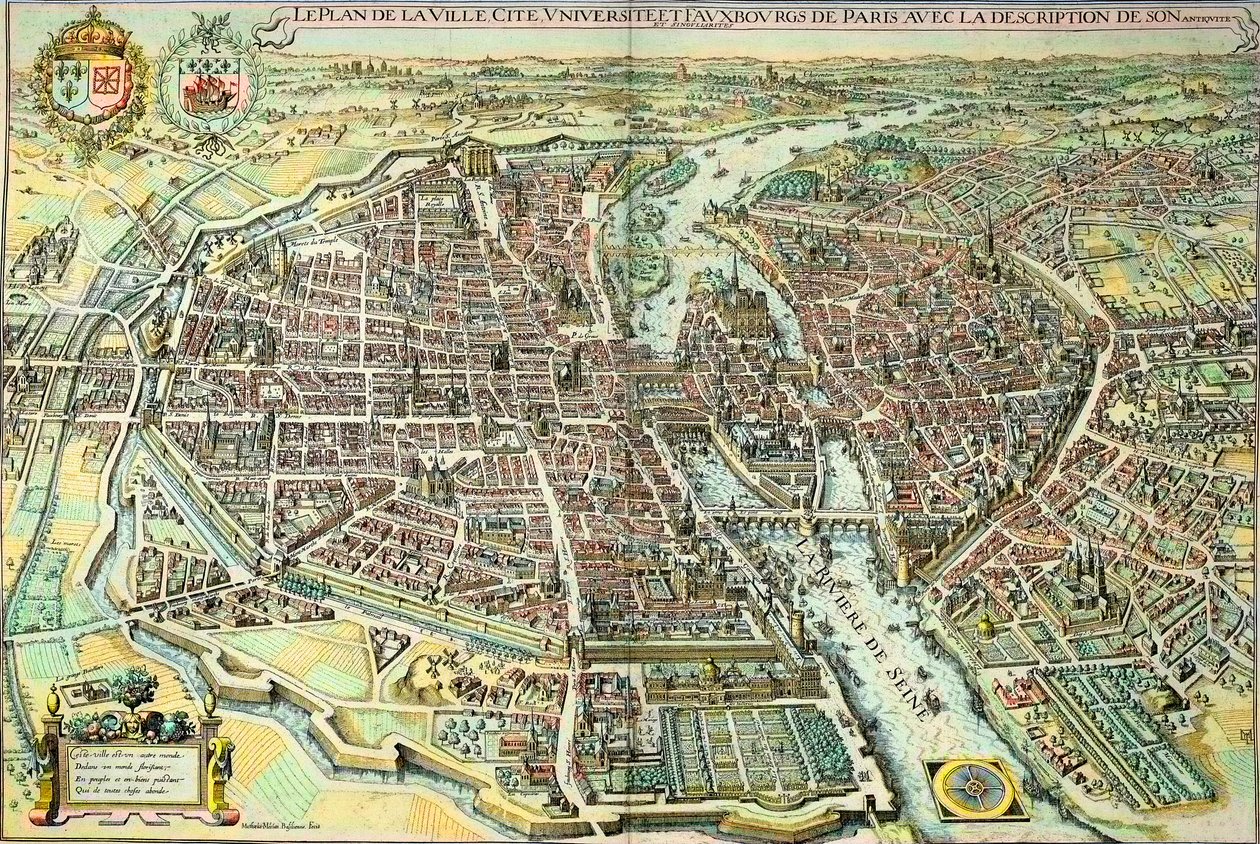 Plano de París en 1615. Grabado por Mathieu Merian de Mattaus the Younger Merian