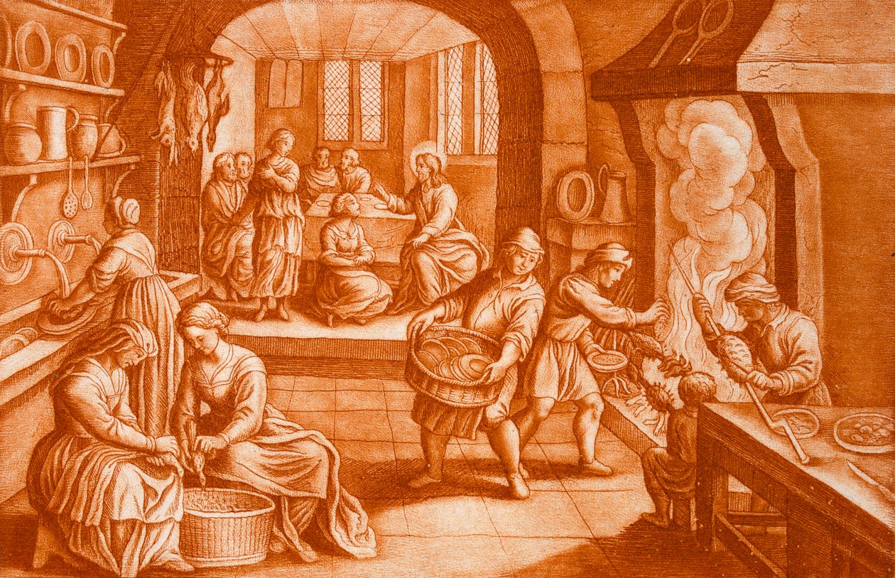 La historia de María y Marta, ilustración de la Biblia, grabado por J.C. Bodenehr de Mattaus the Younger Merian