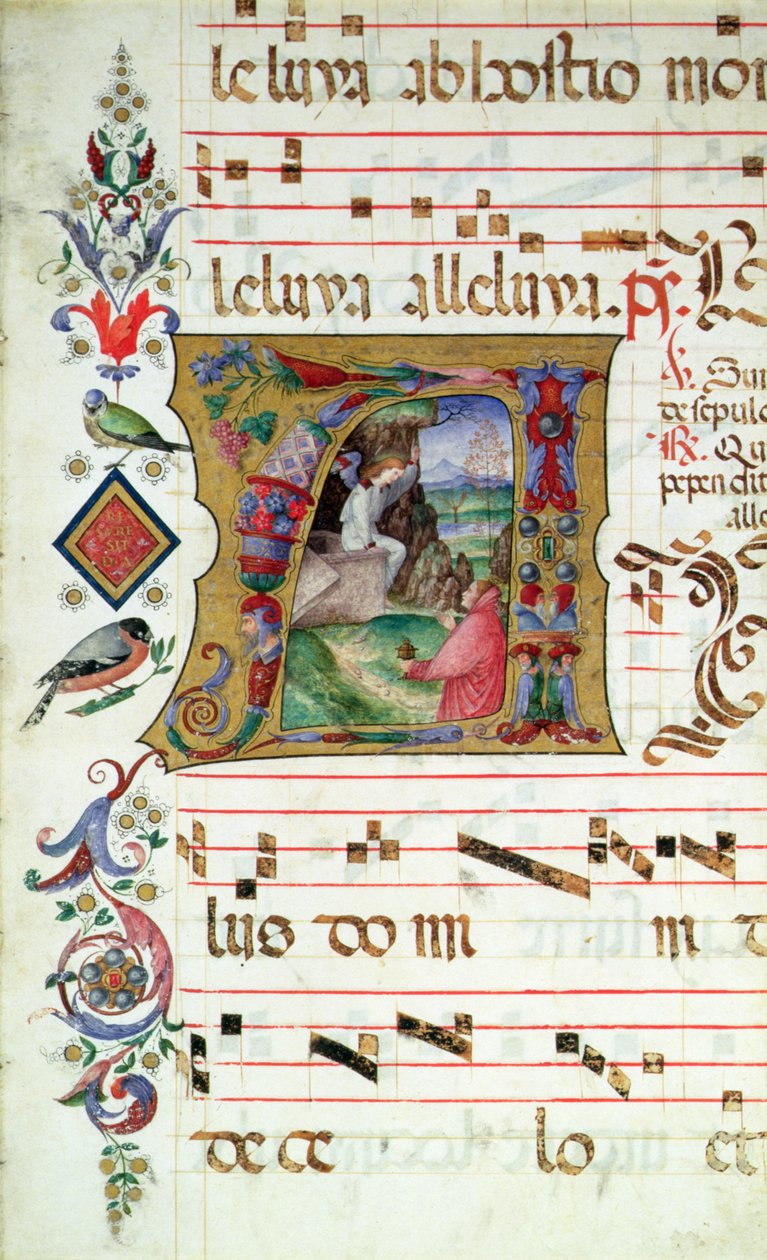 Inicial historiada A que representa a María Magdalena en la tumba de Cristo de Matteo da Milano Matteo da Milano