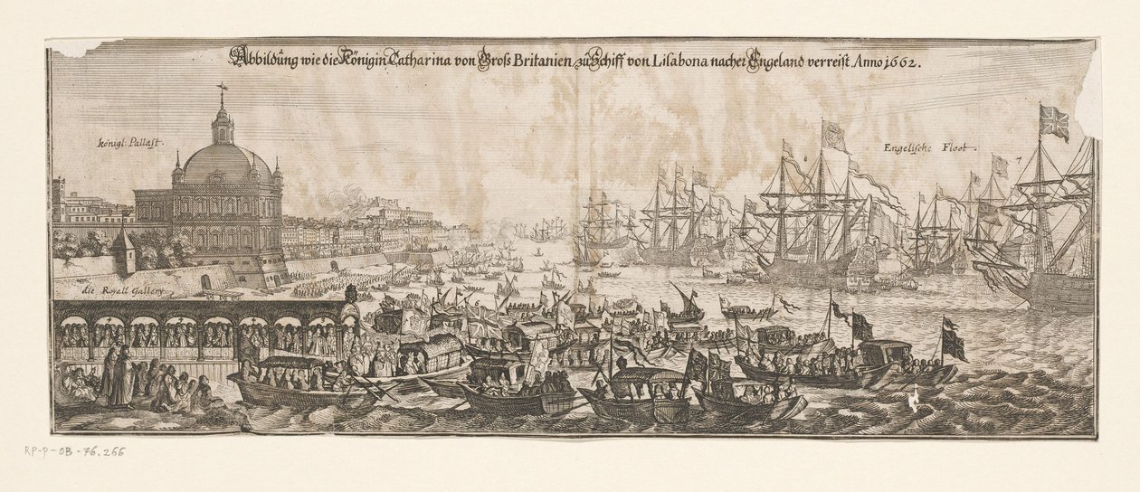 Salida de la flota con Catalina de Bragança a Inglaterra, 20 de abril de 1662 Abbildung wie die Königin Catharina von Gross Britanien zu Schiff von Lisabona nacher viaja a Inglaterra. Anno 1662 (título sobre objeto) Matrimonio de Catalina de Bragança y el  de Matthäus Merian (II)