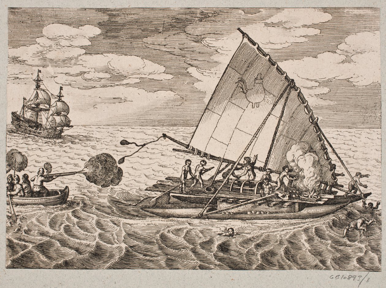 Holandeses capturan un barco con gente salvaje y niños de Matthäus Merian d.Æ.