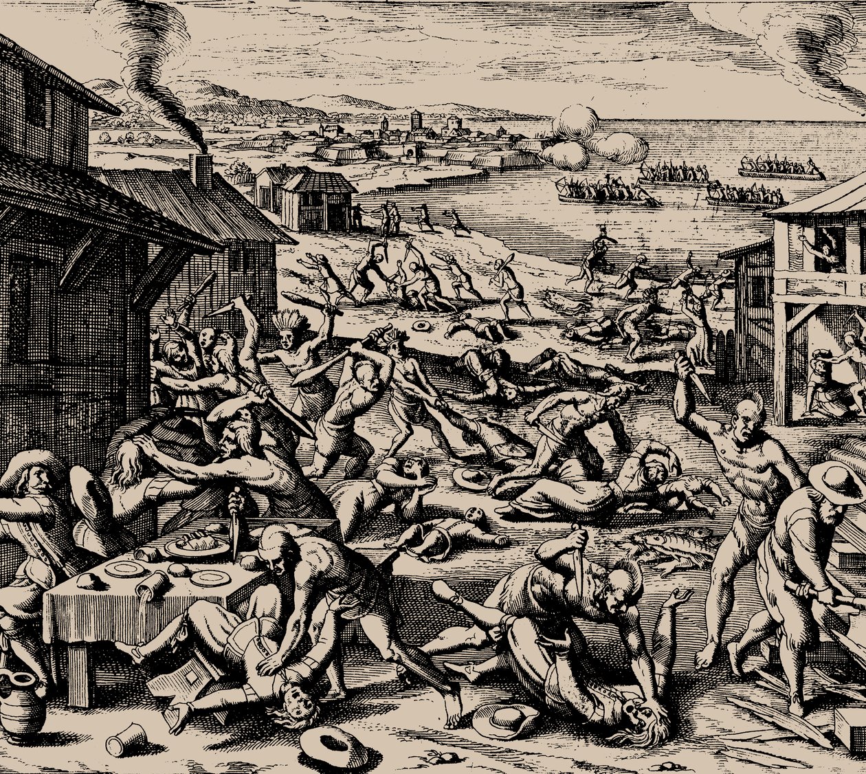 Ataque de Powhatan el 22 de marzo de 1622, 1628 de Matthaus the Elder Merian