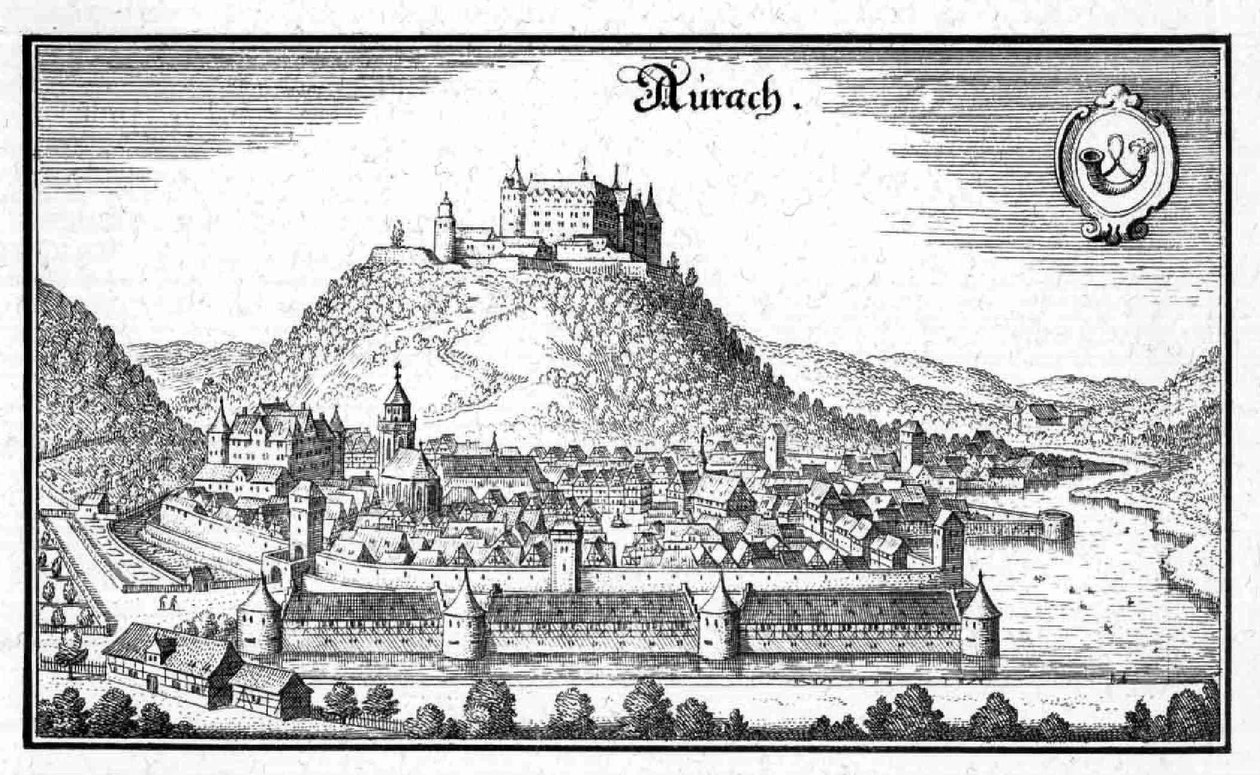 Aurach - extracto de Topographia Sueviae (Schwaben) de Matthaus Merian