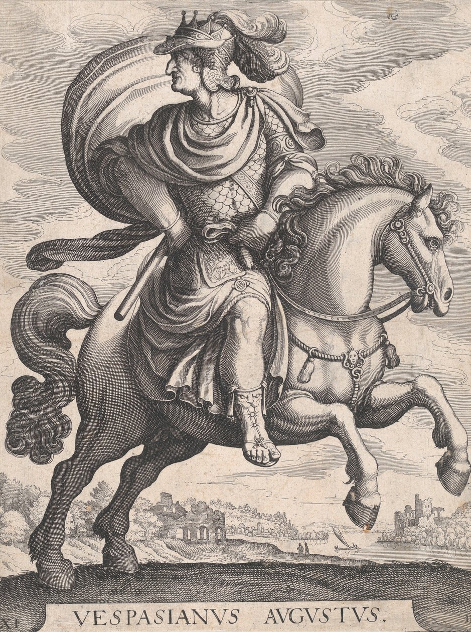 Emperador Vespasiano a caballo, de la serie Los primeros doce césares romanos, placa 1..., 1610-50 de Matthaus Merian
