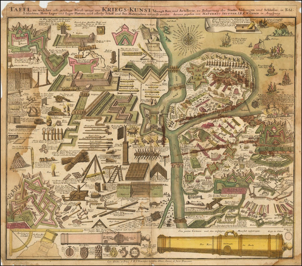 Mapa alegórico de Seutter de 1720 que muestra el arte de la guerra, por tierra y por mar de Matthäus Seutter