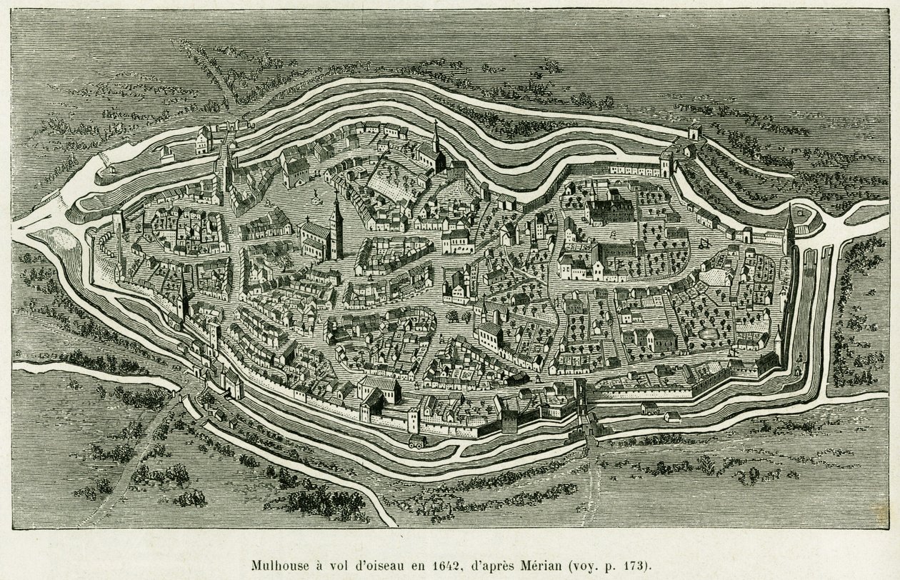 Mulhouse vuela en 1642. Grabado de Matthaus Merian (1593-1650) para ilustrar la historia A través de Alsacia y Lorena, por Charles Grad, diputado alemán, en 1885, en Le Tour du monde 1886, dirigido por Edouard Charton (1807-1890), Hachette, París. de Matthaus the Elder (after) Merian