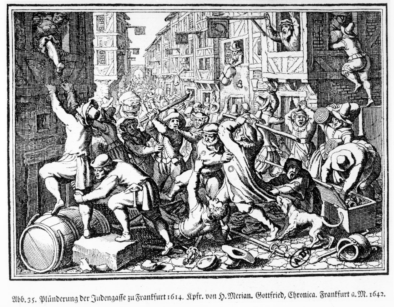 Saqueo del callejón judío durante los disturbios de Fettmilch en Fráncfort el 22 de agosto de Matthaus the Elder (after) Merian
