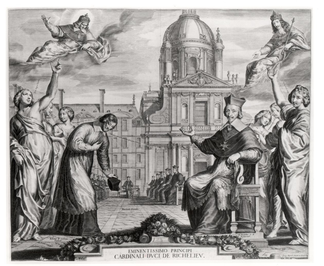 Robert de Sorbon (1201-94) y el Cardenal Richelieu (1575-1642) frente a la Sorbona, grabado por Gregoire Huret (1606-70) 1639 de Matthaus the Elder Merian
