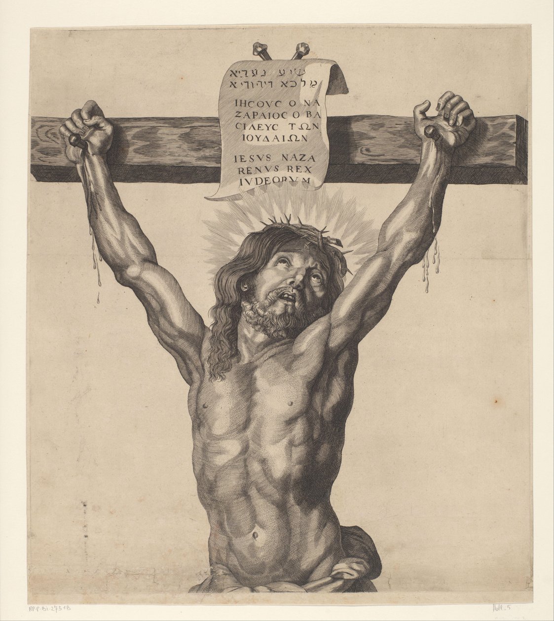 Cristo en la cruz Serie de Ecce Homo, Cristo Crucificado, Virgen María y Juan Evangelista (título de la serie) de Mattheus Borrekens