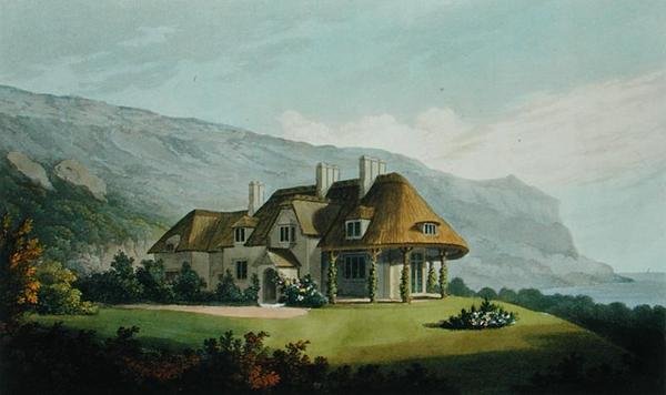 Villa junto al mar con techo de paja para James Vine Esq., en Puckaster, Isla de Wight, de Arquitectura de Villas: una colección de vistas, con planos, de edificios ejecutados en Inglaterra y Escocia, por Robert Lugar de Matthew Dubourg