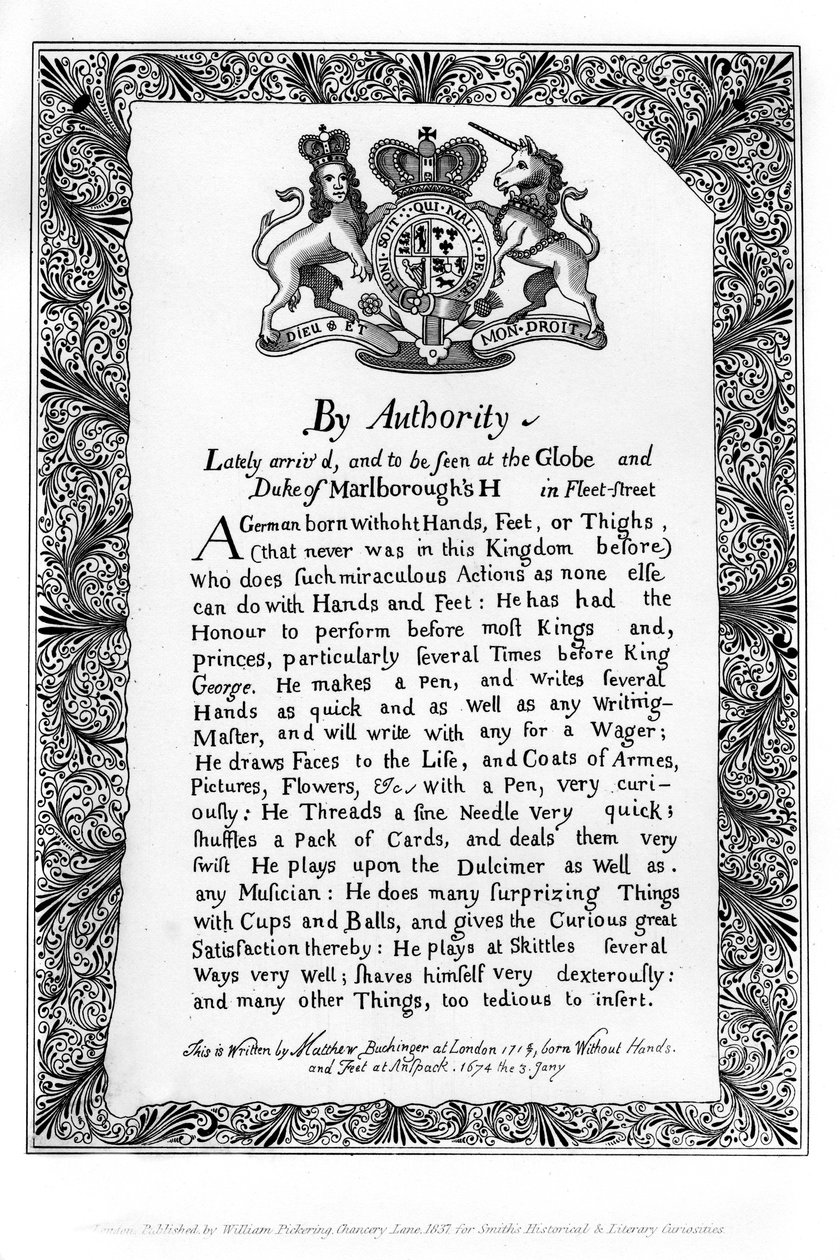 Cartel caligráfico de exhibición de Matthew Buchinger, Enano de Nurnburg, 1717, 1840 de Matthew Buchinger