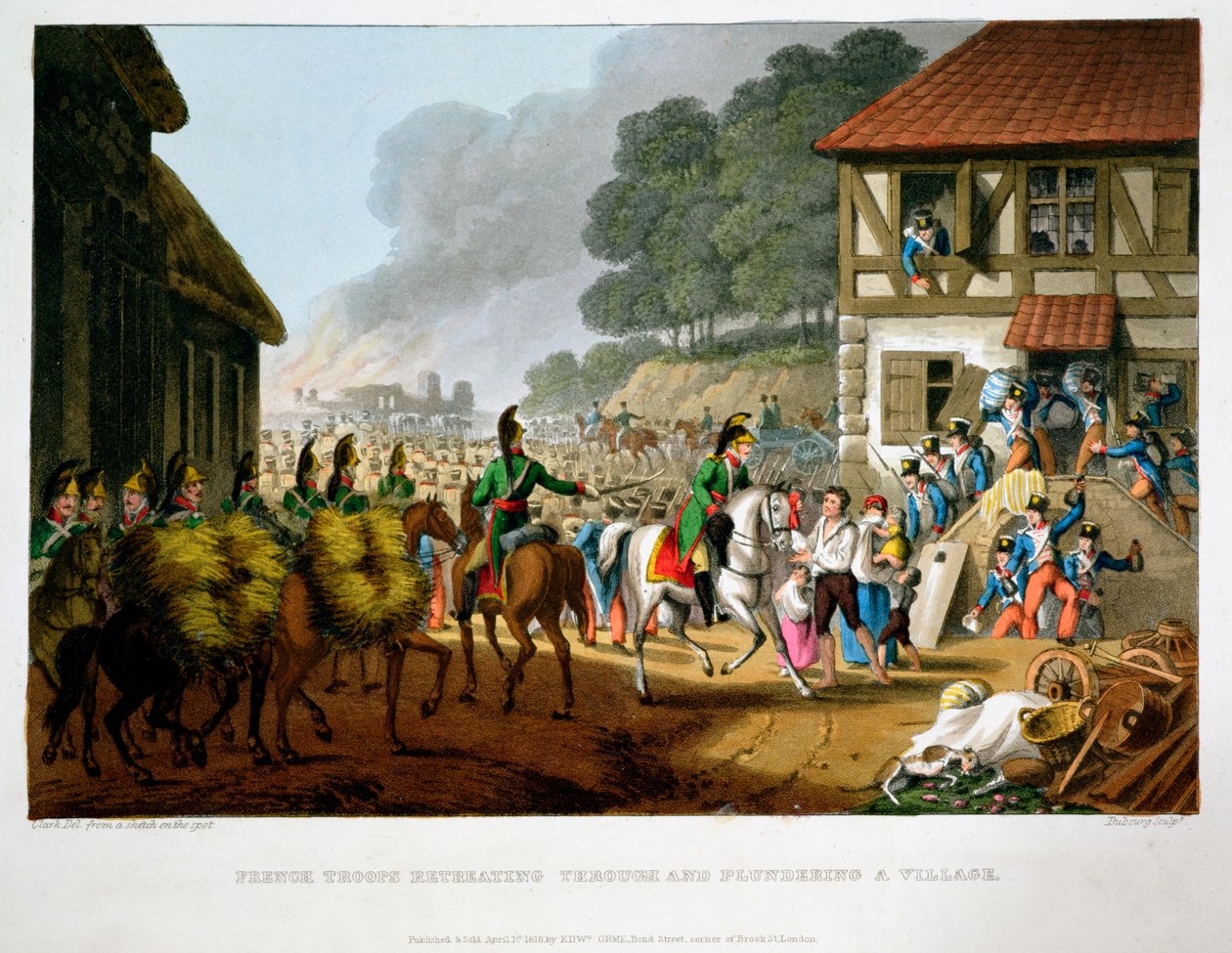 Tropas francesas retirándose y saqueando un pueblo, 1816 de Matthew Dubourg