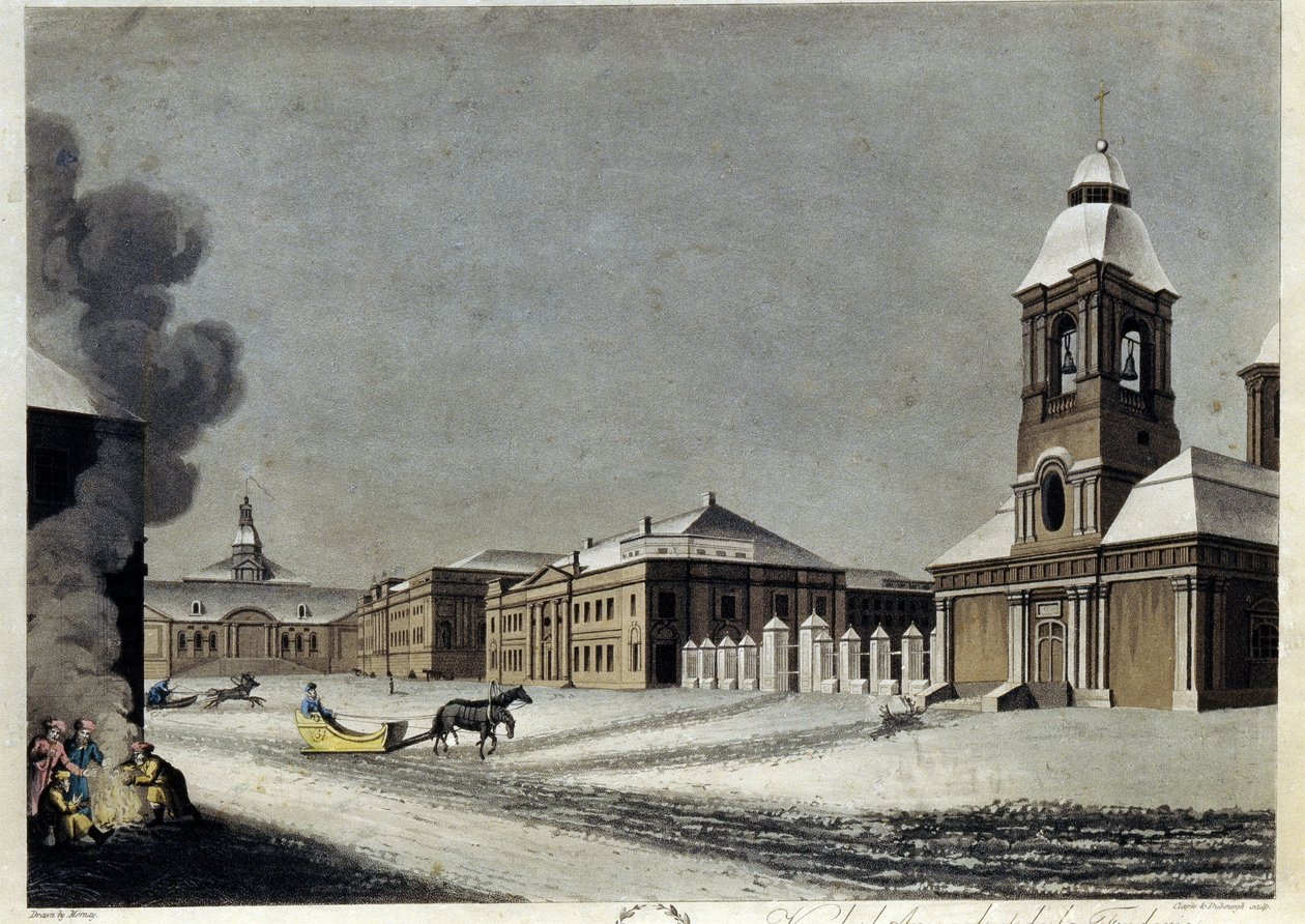 El arsenal y la fundición de cañones en San Petersburgo. (El Arsenal y la Fundición de Cañones en Petersburgo). Descripción de las construcciones en pleno invierno, con trineos deslizándose por la nieve y un grupo de individuos calentándose alrededor de un de Matthew Dubourg