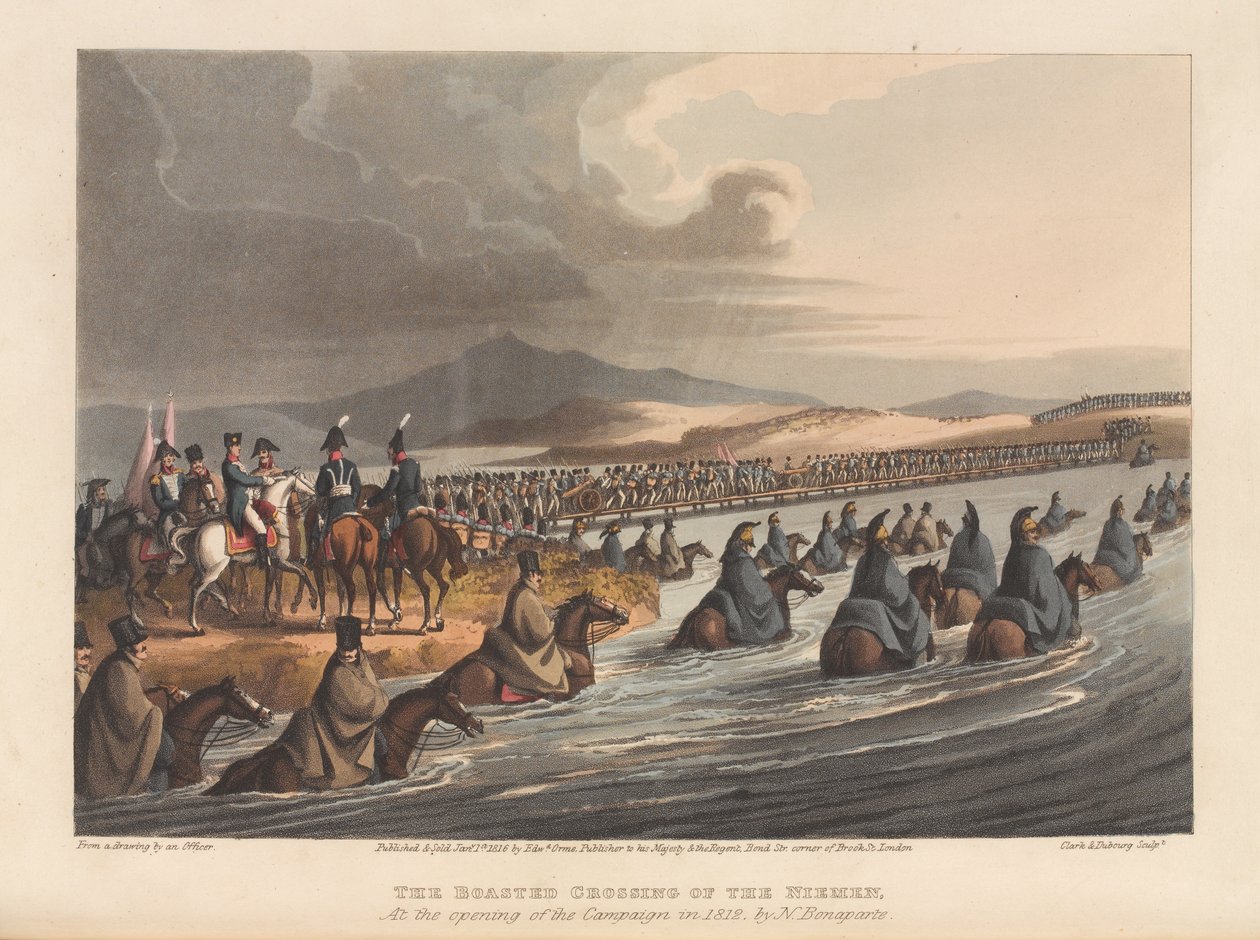 El cruce del Niemen al inicio de la campaña en 1812 (impresión) de Matthew Dubourg