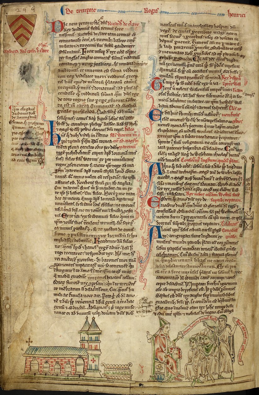 Royal 14C VII, f.138v Abadía de Westminster y Santuario de San Eduardo; a la derecha, el Papa Inocencio IV en el Concilio de Lyon, ilustración de 