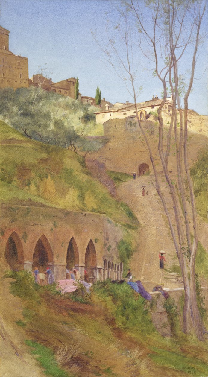 Mujer lavandera en el pozo de lavado, San Gimignano, Italia de Matthew Ridley Corbet