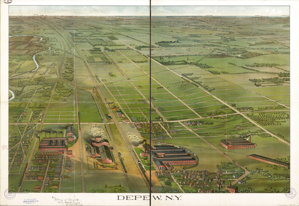 Vista de pájaro. Orientada con el norte a la derecha. LC Panoramic maps (2nd ed.), 555.1 Disponible también en el sitio web de la Biblioteca del Congreso como imagen rasterizada. Copia de la LC anotada en tinta. Estampado en: Compliments Depew Improvement  de Matthews Northrup Company