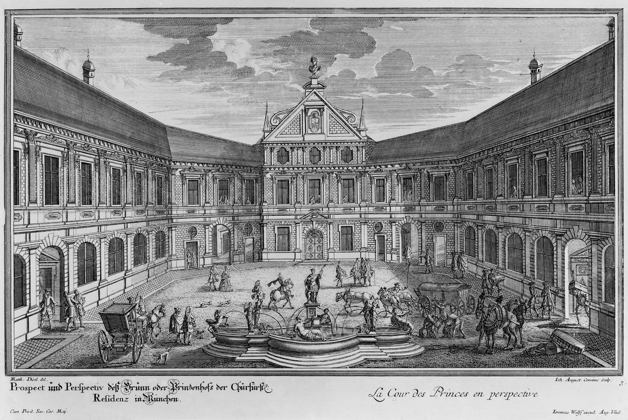Palacio en Múnich, Alemania, grabado por Johann August Corvinus de Matthias Diesel
