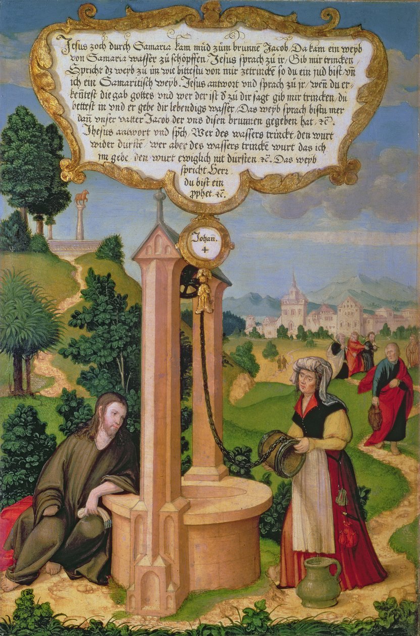 Cristo y la mujer de Samaria en el pozo de Jacob, sección del panel lateral del retablo de Mompelgarter de Matthias Gerung or Gerou