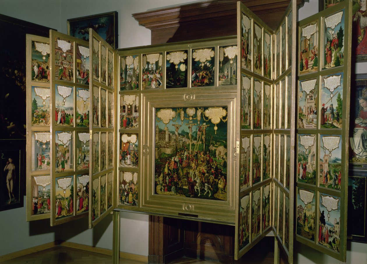Retablo de Mompelgart, con panel central y seis paneles laterales articulados, todos representando escenas del Nuevo Testamento de Matthias Gerung or Gerou