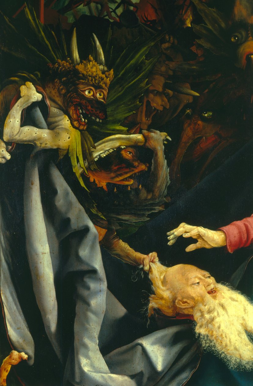 Demonios tirando del cabello de San Antonio, (detalle) de La Tentación de San Antonio del Retablo de Isenheim, c.1512-16 de Matthias Grünewald
