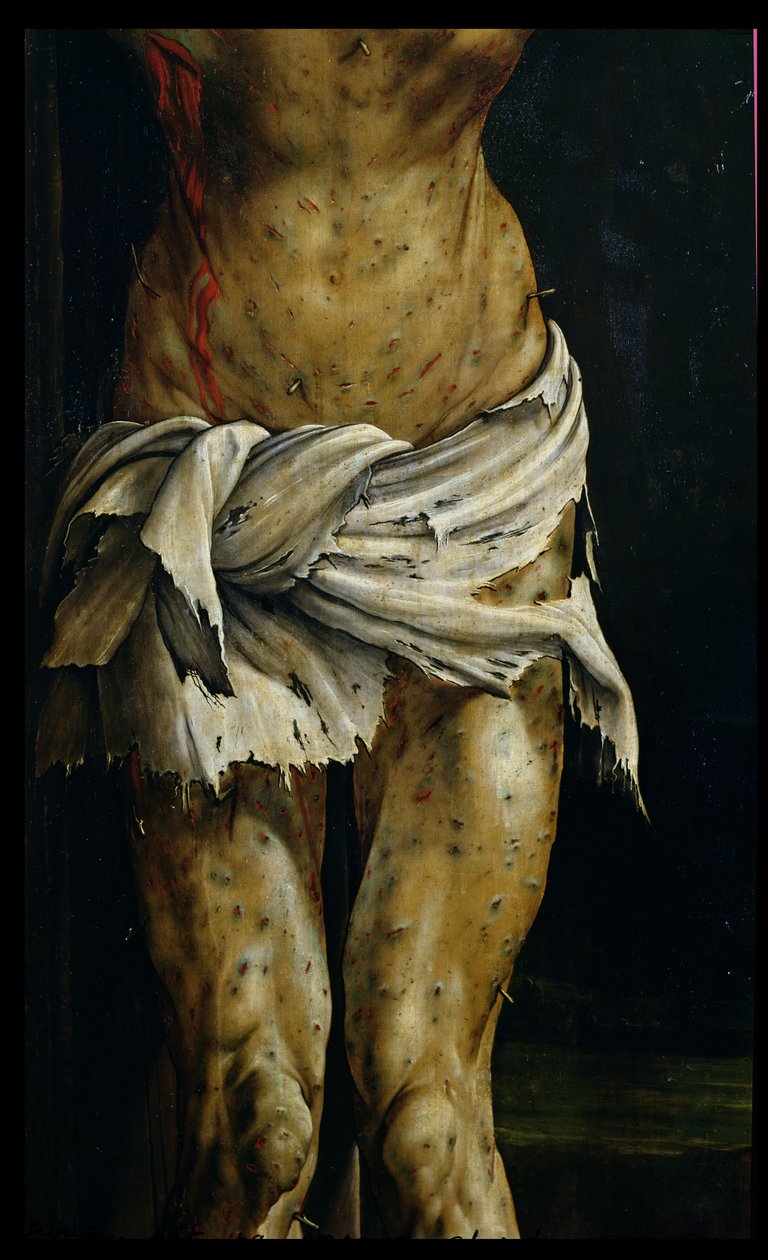 La Crucifixión del Retablo de Isenheim (detalle del cuerpo de Cristo) de Matthias Grünewald