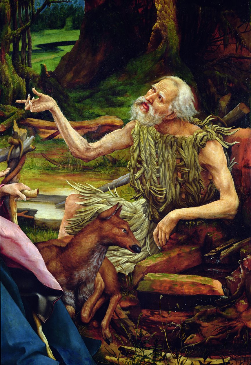 Retablo de Isenheim (detalle de la visita de San Antonio a San Pablo el ermitaño) de Matthias Grünewald