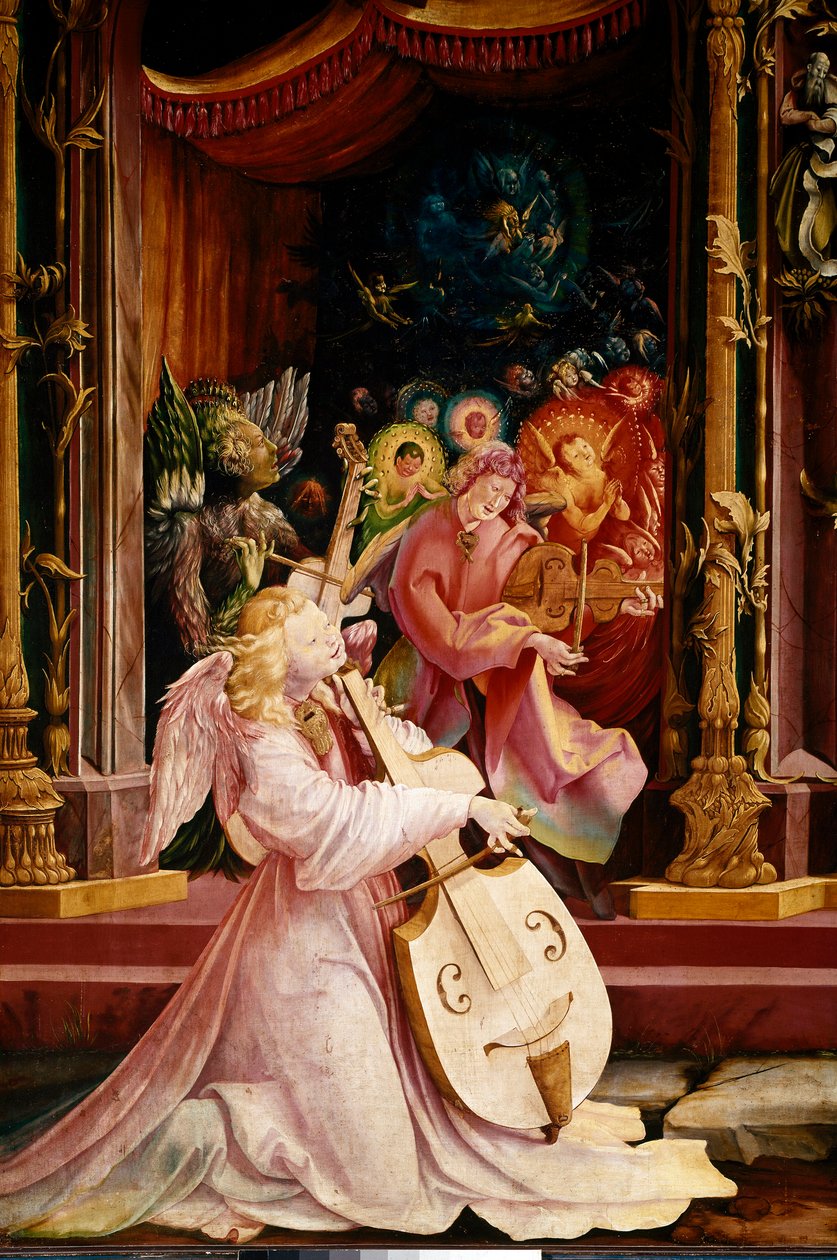 Retablo de Issenheim (o Isenheim): "La Natividad" (detalle) del concierto de ángeles músicos. El ángel en el centro toca la viola de gamba. Paneles de Mathis Neithardt Gothardt, conocido como Matthias Grünewald (1480-1528) (ec.all.) 1512-1516. Dim. 265x304 de Matthias (c.1480 1528) Grunewald