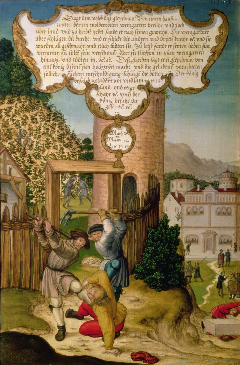 Los viñadores matando al heredero del dueño de la viña, ilustrando la enseñanza de Cristo "La piedra que los constructores rechazaron es la piedra principal del ángulo", sección del panel del ala del Retablo de Mompelgarter (panel) (véase también 72465-79) de Matthias Gerung or Gerou