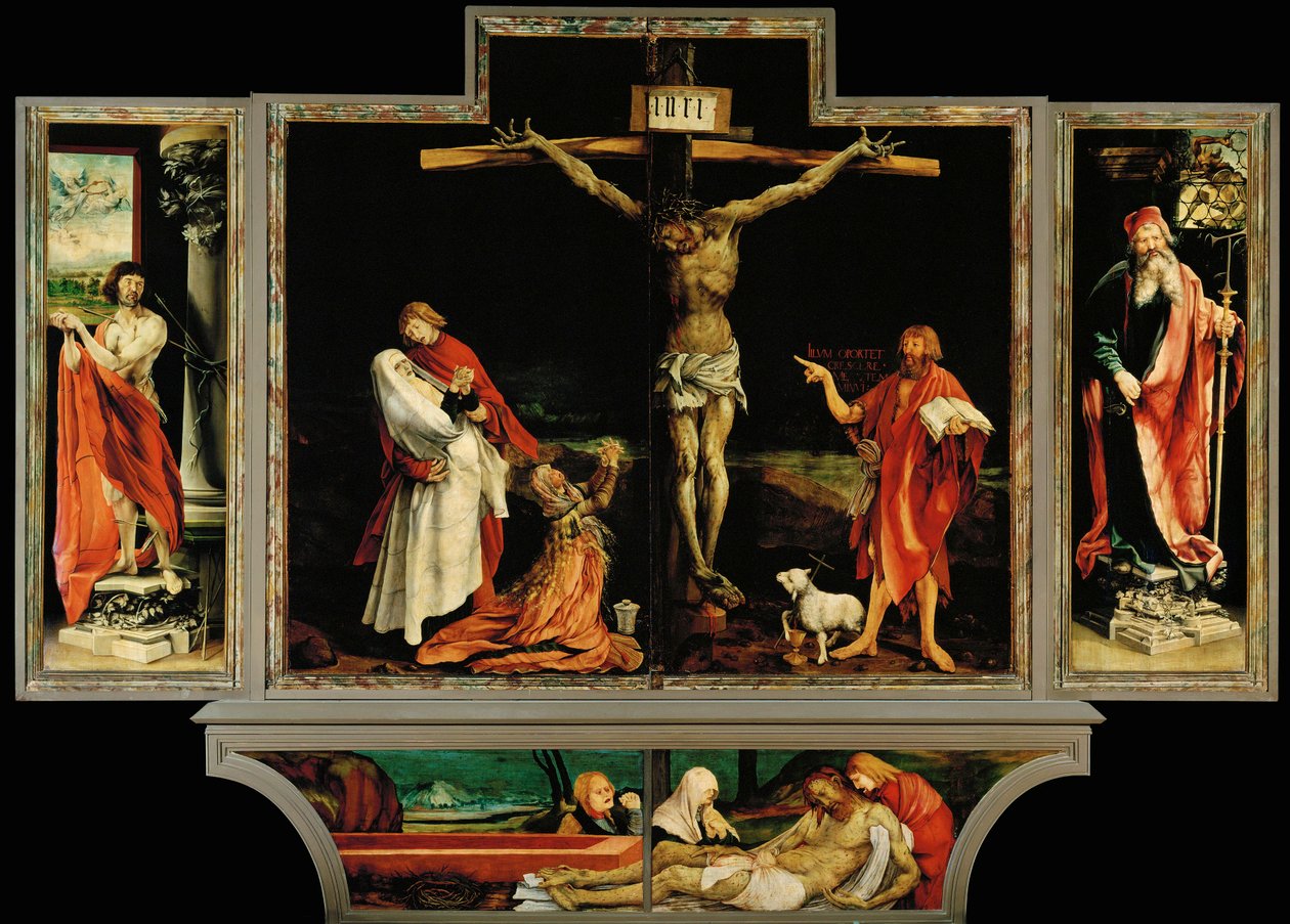 Crucifixión, santos y sepultura de Matthias Gruenewald