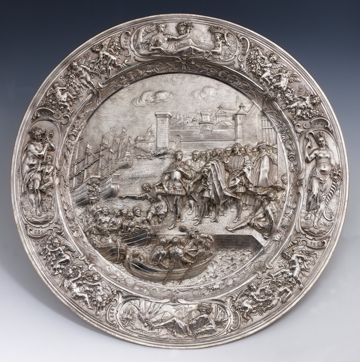 Placa de plata que representa la partida de Cristóbal Colón (plata fundida, repujada y cincelada) de Matthias Melijn