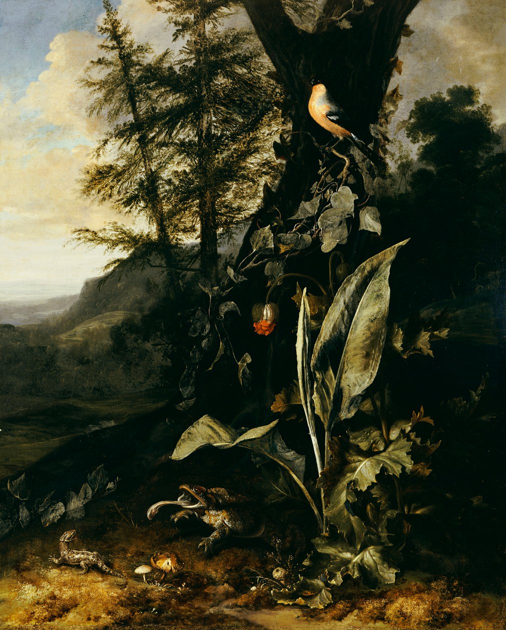 Un suelo de bosque con un sapo y un lagarto, un camachuelo en una rama de hiedra arriba, y una montaña al fondo de Matthias Withoos