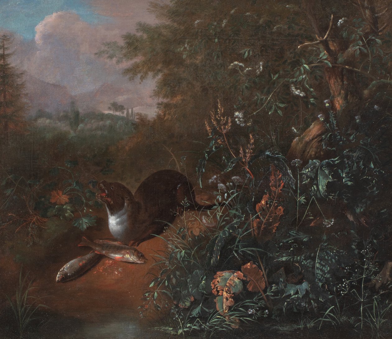 Bodegón de bosque con una nutria y dos peces, c.1650-1700 (óleo sobre lienzo) de Matthias Withoos