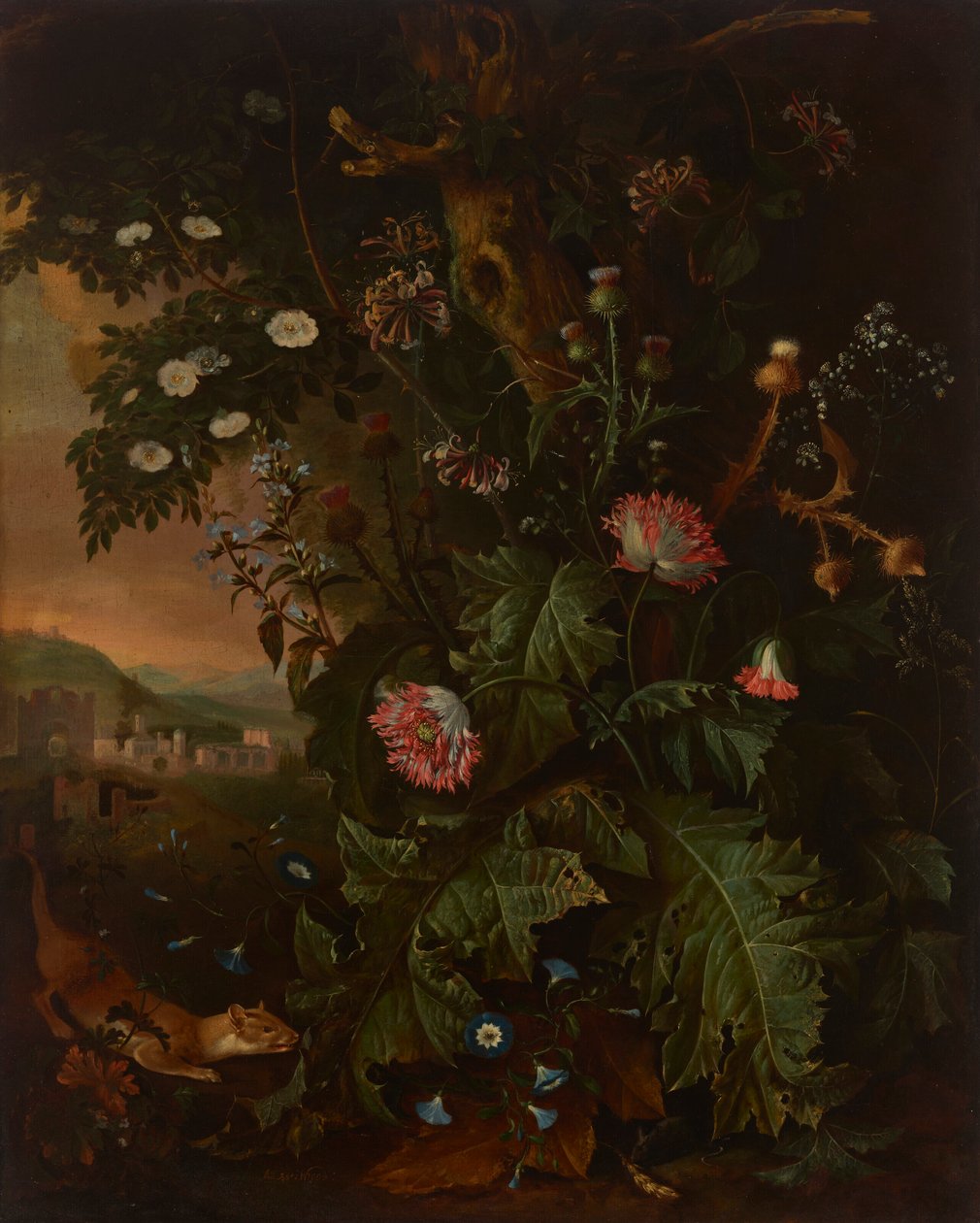 Un suelo de bosque con una comadreja, un ratón, una adormidera y un cardo, con edificios clásicos más allá de Matthias Withoos
