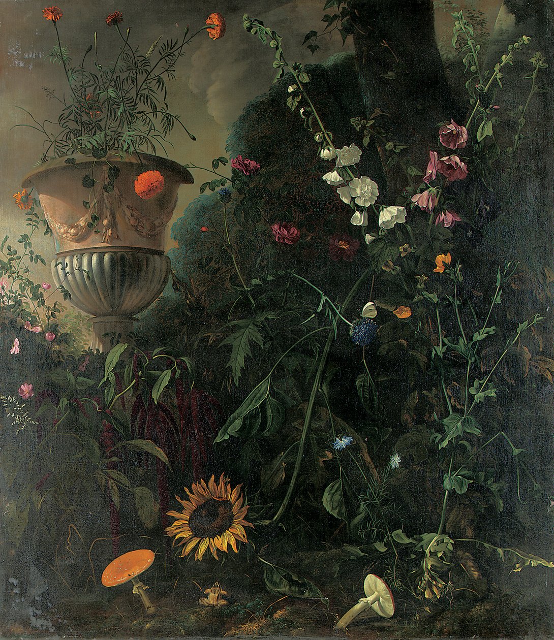 Malvarrosas, Rosas, una Flor de Encaje Azul, Girasol y Hongos, con Caléndulas en una Urna junto a un Árbol de Matthias Withoos
