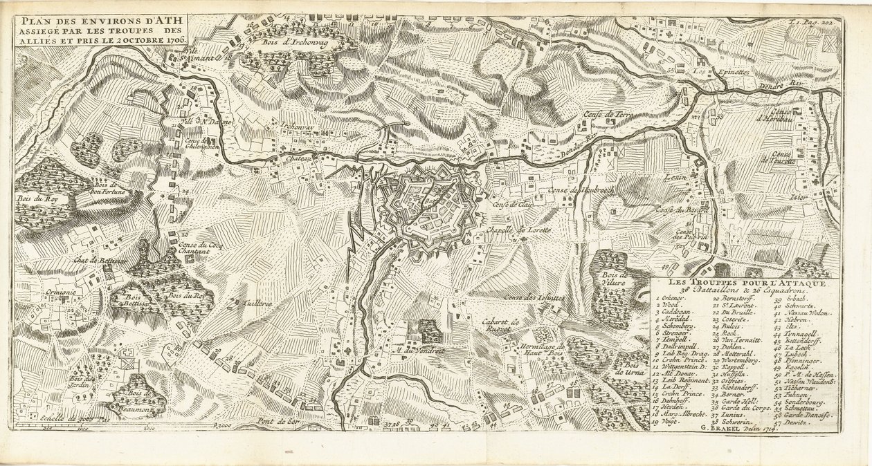 Beleg van Ath, 1706 Plano del entorno de Ath asediado por las tropas de los aliados y tomado el 2 de octubre de 1706 (título sobre objeto) de Matthijs Pool (possibly)