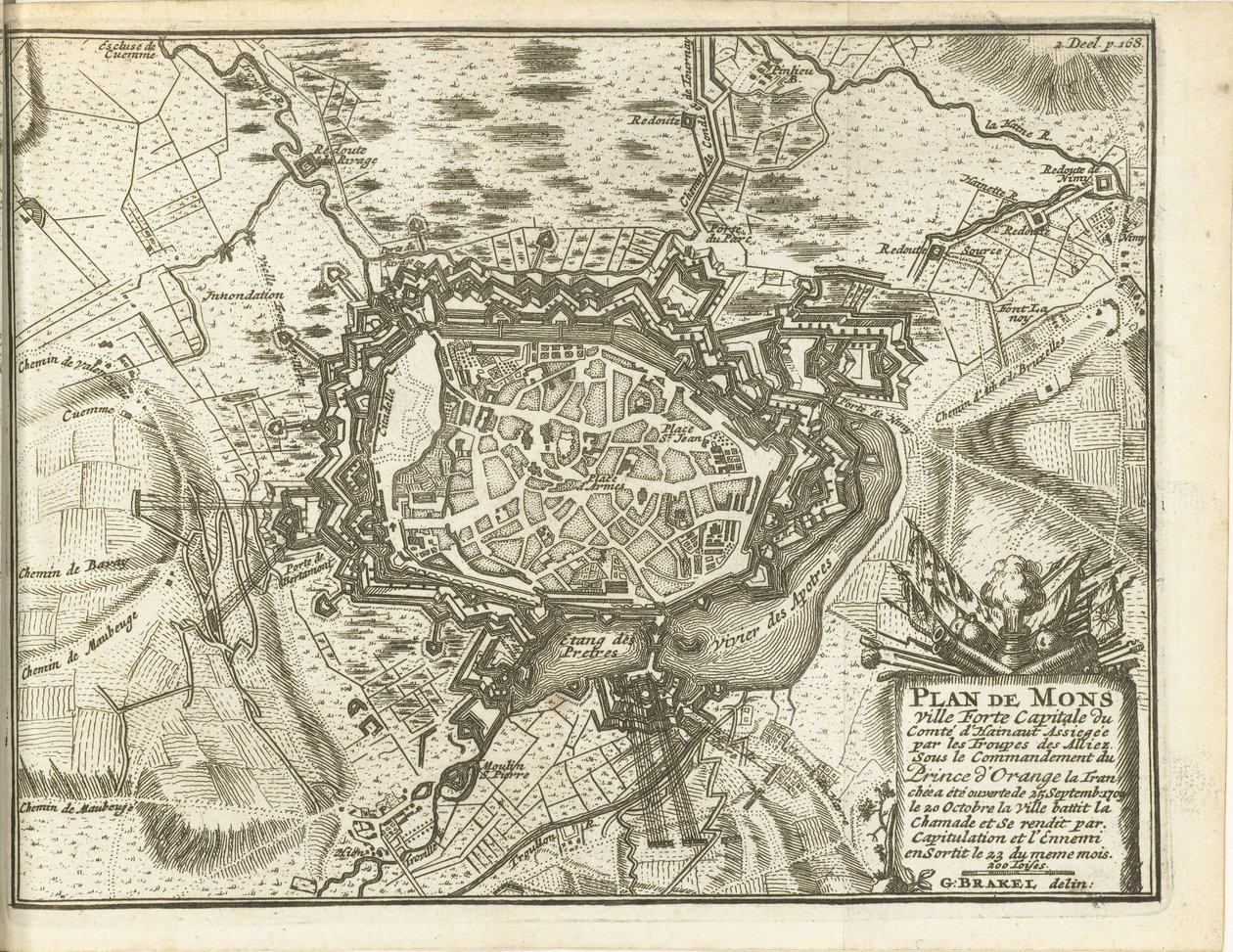 Beleg van Bergen, 1709 Plano de Mons Ville Forte (...) Asediado por las tropas alliez. bajo el mando del Príncipe de Orange (...) (título sobre objeto) de Matthijs Pool (possibly)