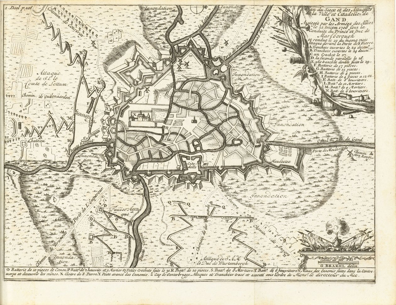 Beleg van Gent, 1708 Mapa del asedio y ataques de la ciudad y ciudadela de Gante sitiada por los ejércitos de los aliados el 22 de diciembre de 1708 bajo el liderazgo del príncipe y duque de Marlborough (título sobre el objeto) de Matthijs Pool (possibly)