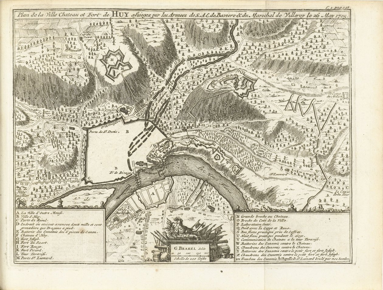 Beleg van Huy, 1705 Plano del Castillo de la Ciudad y Fuerte de Huy sitiado por los Ejércitos del S.A.E. de Baviere & du Marechal de Villeroy le 26 de mayo de 1705 (título sobre el objeto) de Matthijs Pool (possibly)
