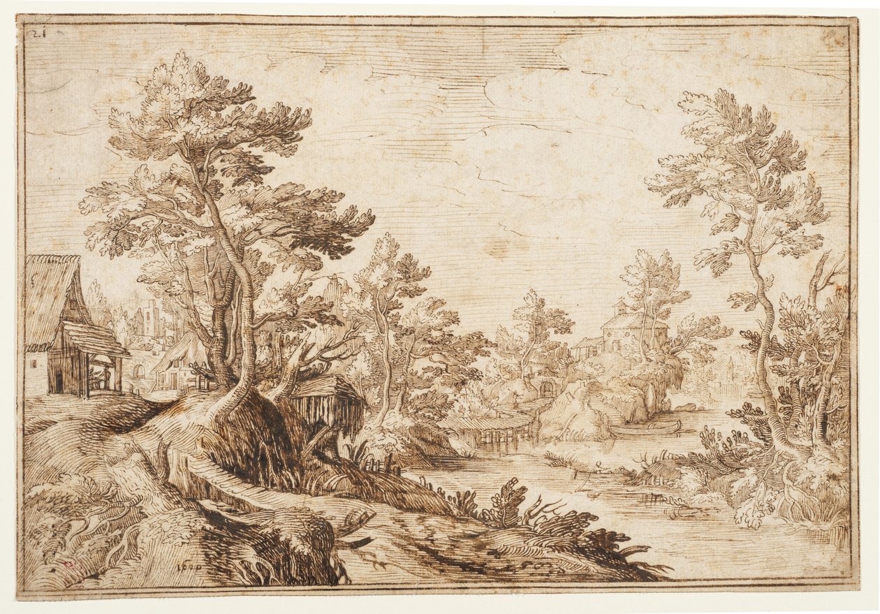 Paisaje con río y pueblo, c.1501-1600 (tiza negra, pluma y tinta marrón sobre papel verjurado) de Matthijs the younger (after) Bril