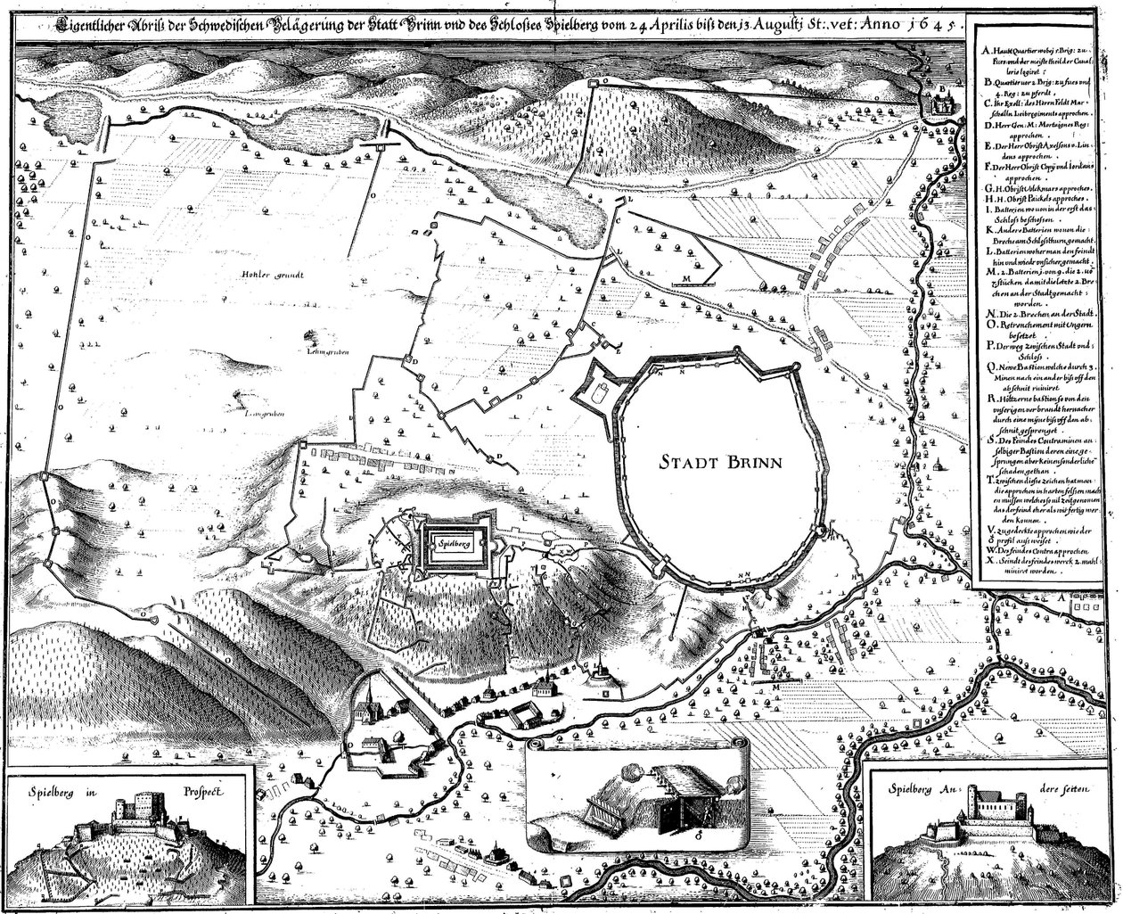 Plano de la ciudad de Brno en 1645, durante su asedio por los suecos, por Merian de Matthaus Merian