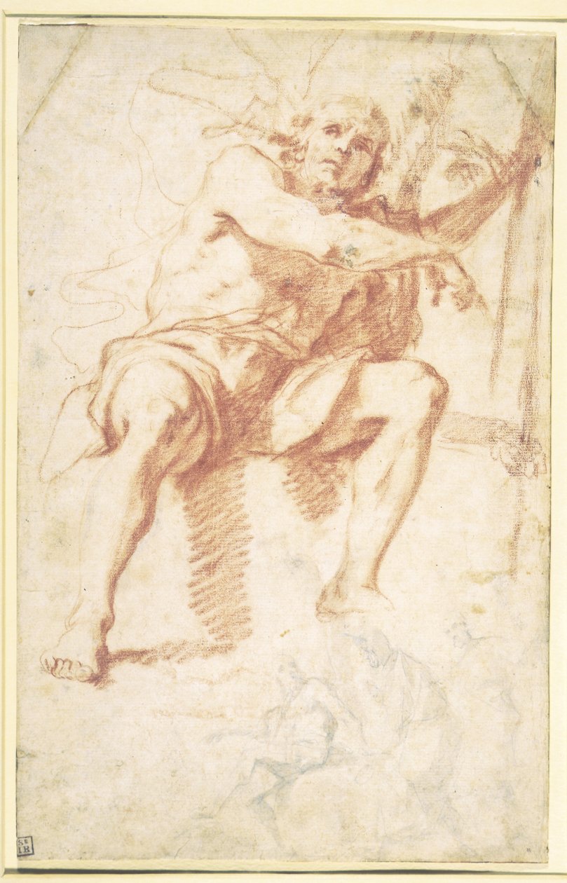 San Juan Bautista sentado, y un estudio para San Juan Bautista con dos apóstoles de Mattia Preti
